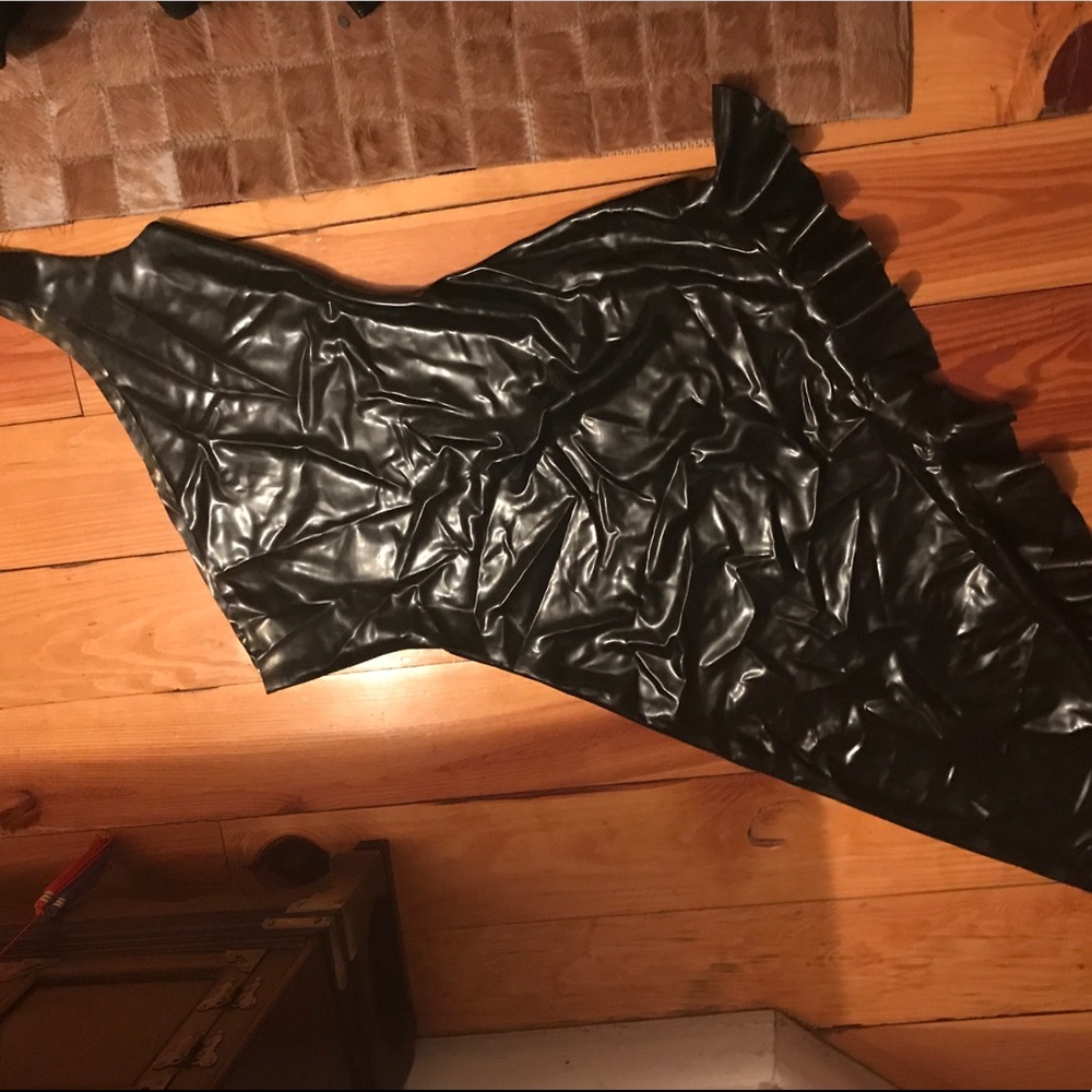 Asymmetric ruffle latex dress